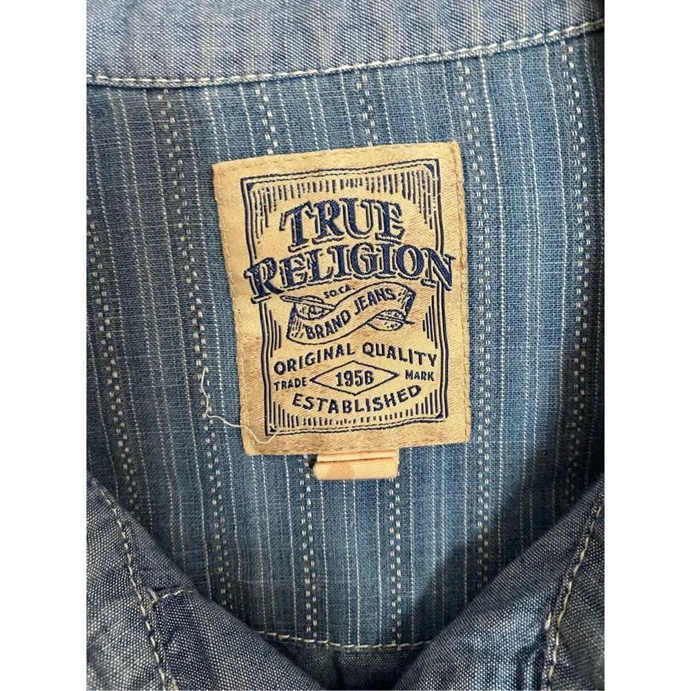 True religion, men’s blue denim, long sleeve button, front shirt, size medium